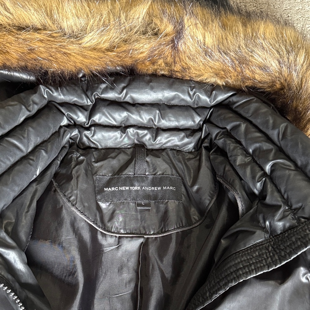 Andrew Marc Black Puffer Jacket with Brown Fur Trim